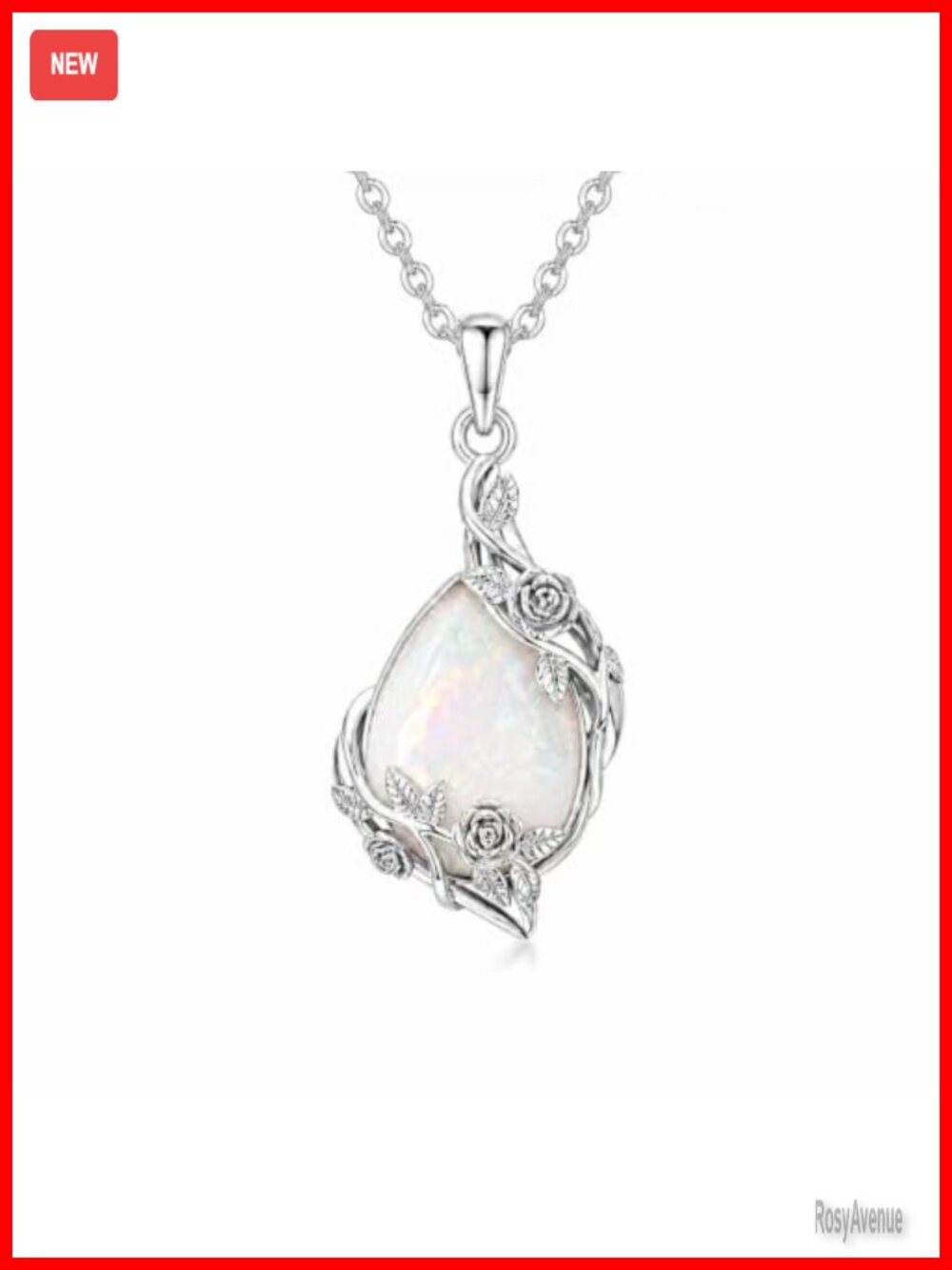White Gold Plated Opal Teardrop Pendant Necklace with Rose Vine Floral Design